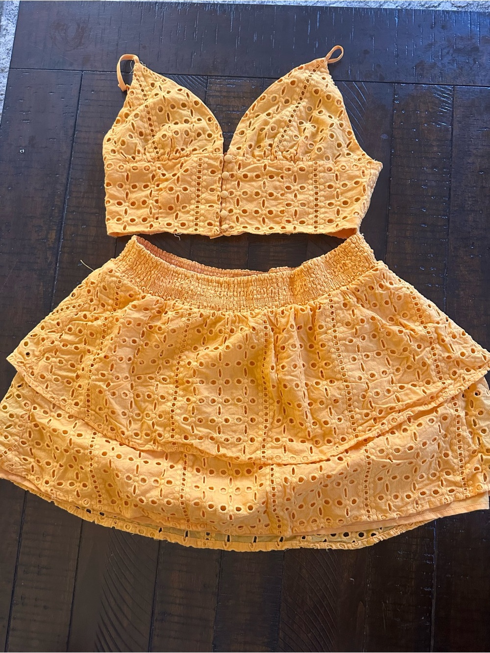 Bar III Yellow Eyelet Crop Top & Tiered Skirt Set